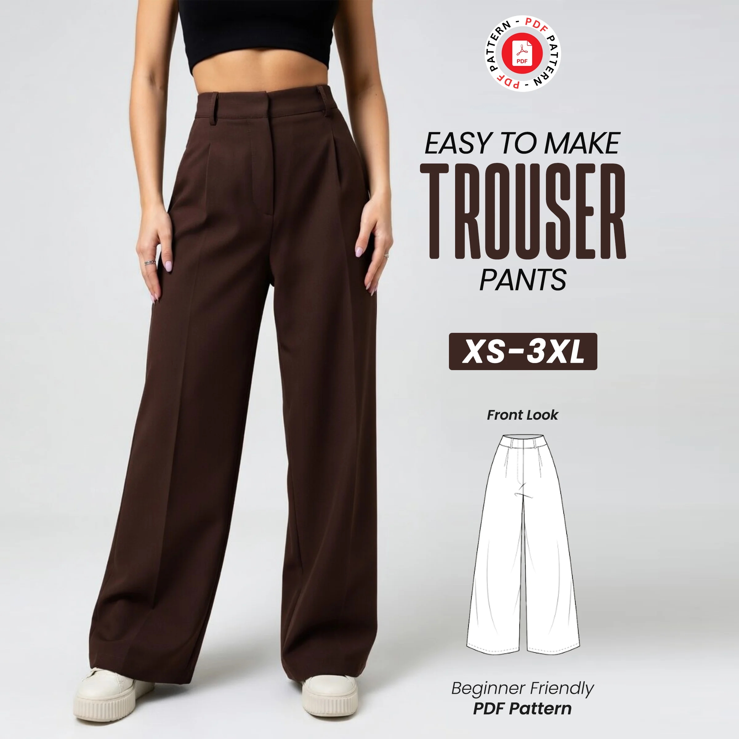 Wide Leg Trouser Pants Sewing Pattern, Women's Trendy Trousers (XS-3XL) (PDF Pattern)