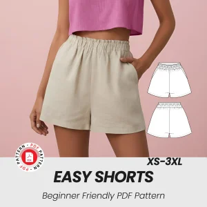 Easy Shorts Women Elastic shorts with pockets PDF Sewing Pattern Summer High Waist, XS-3XL