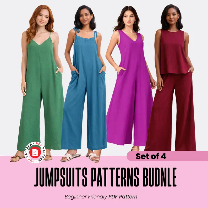 Jumpsuit Sewing pattern, Set of 4 Jumpsuits, Overall Jumpsuits, Summer Comfy Sew, Variable Sizes