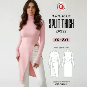 Turtleneck Split Thigh Dress Sewing Pattern, Beginner Friendly (PDF Pattern)