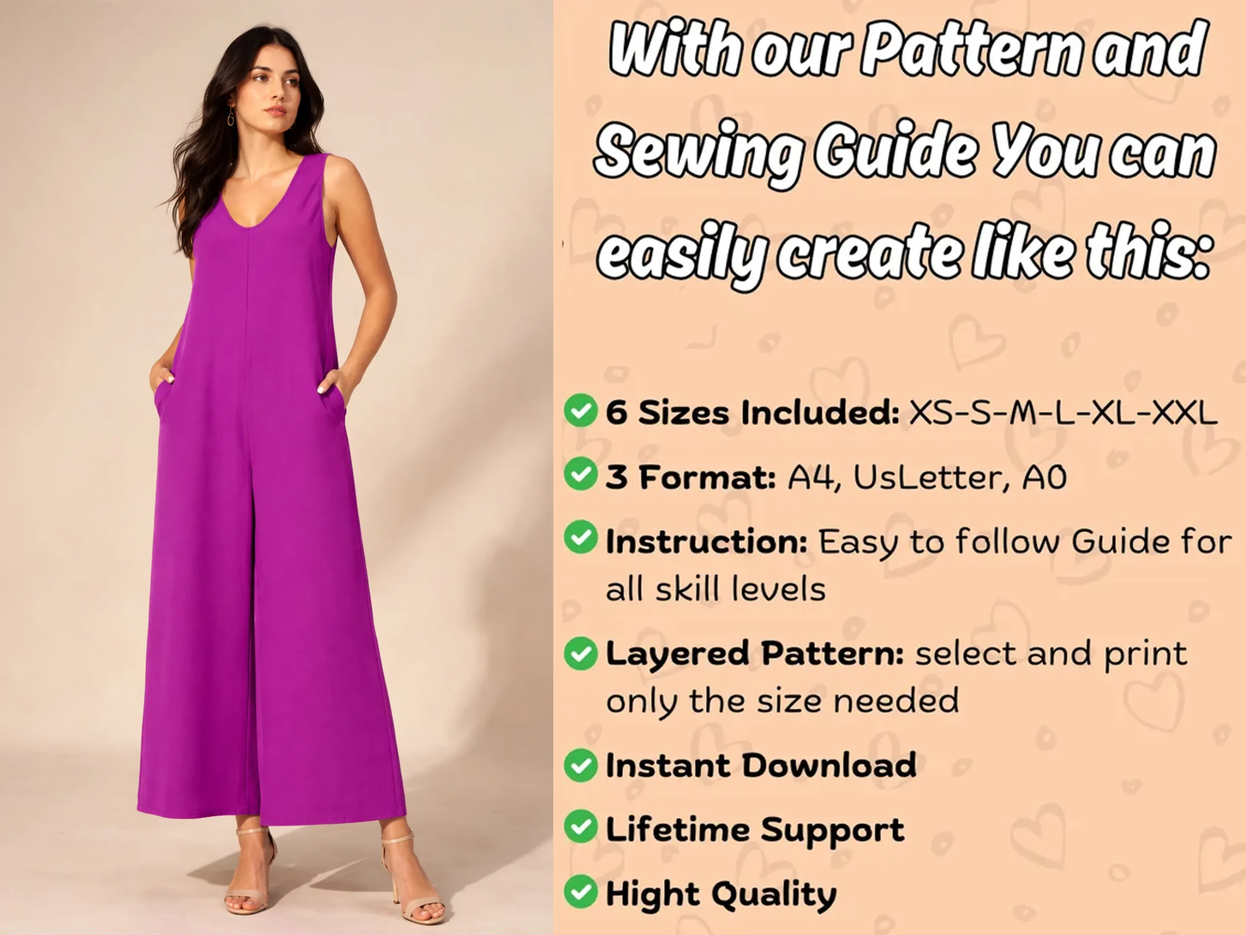 Overall Jumpsuit Sewing Pattern, Comfy PDF Women Jumpsuit, Easy Dungaree Pant Loose Trouser - Image 3