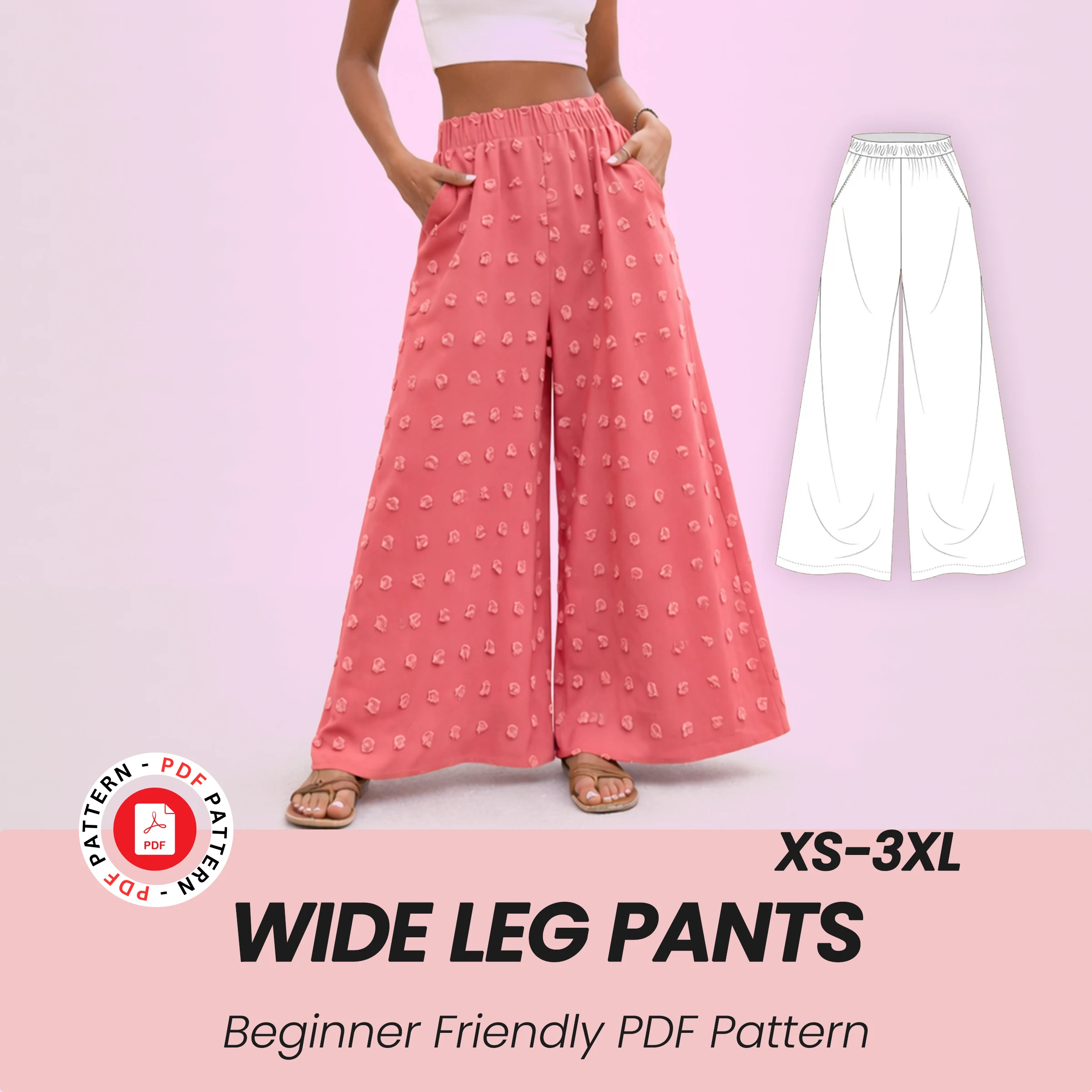 Beginner Wide Leg Palazzo Pants Sewing Pattern (XS-3XL)