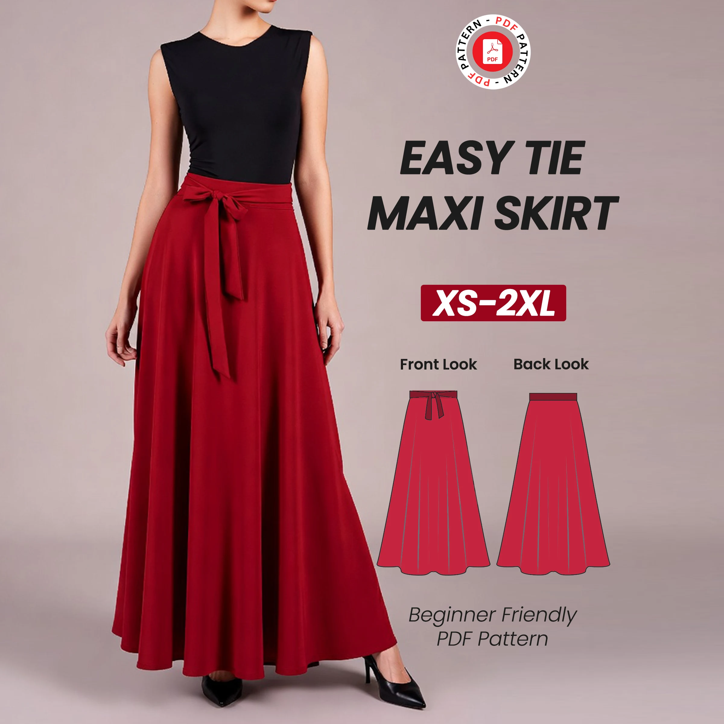 Easy Tie Maxi Skirt Sewing, Women's High Waisted Circle (PDF)