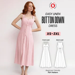 Button Down Linen Dress Sewing Pattern PDF, Square Neck Sleeveless A-Line Summer Dress XS-3XL