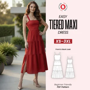 Tiered Maxi Dress Sewing Pattern, Square Neck Summer Sundress (PDF Download)