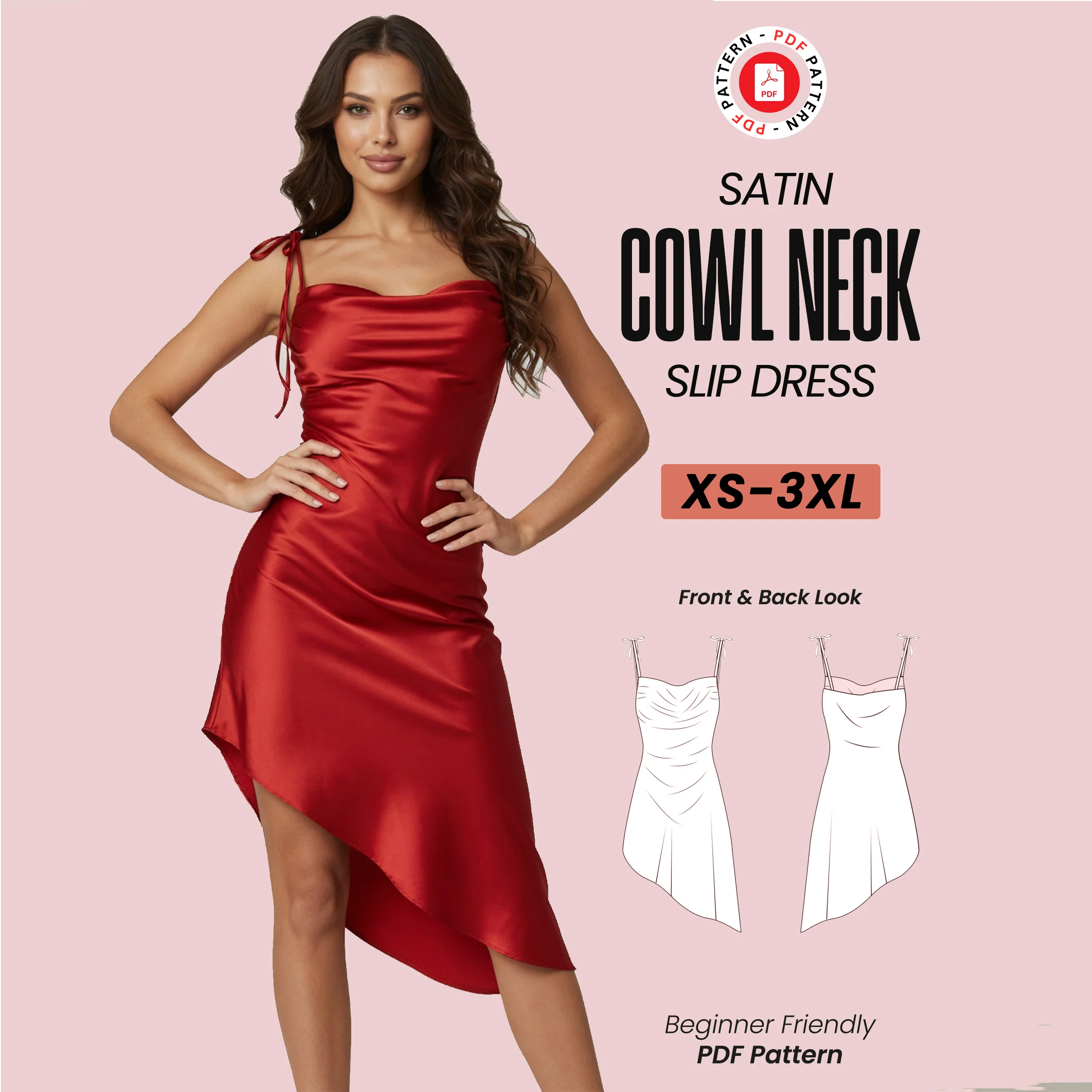 Satin Cowl Neck Slip Dress Sewing Pattern: Backless Evening Gown (PDF Patterns)