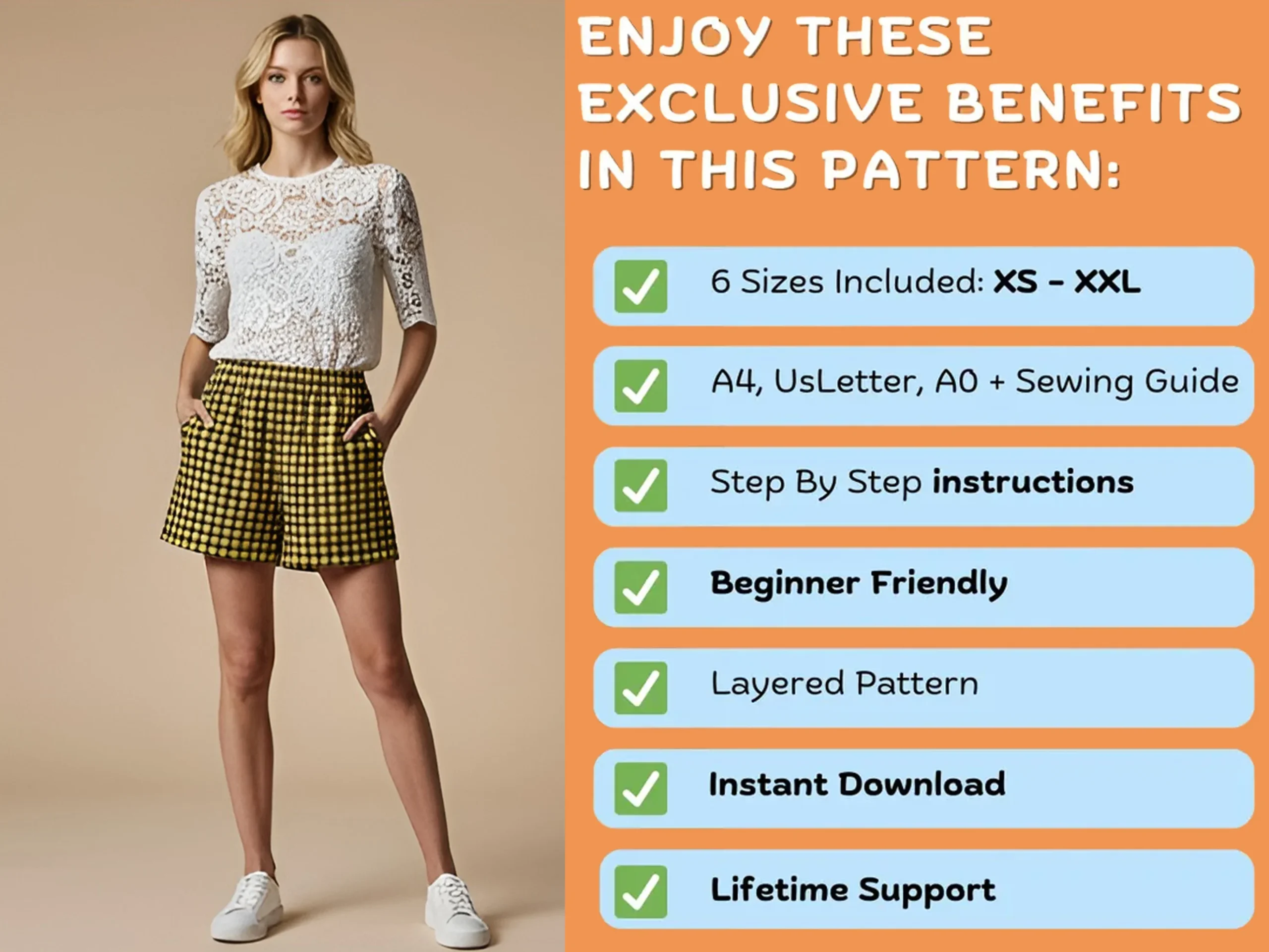 Women's Elastic Shorts Sewing Pattern, Pockets, Summer High Waist (XS-2XL) - Image 5