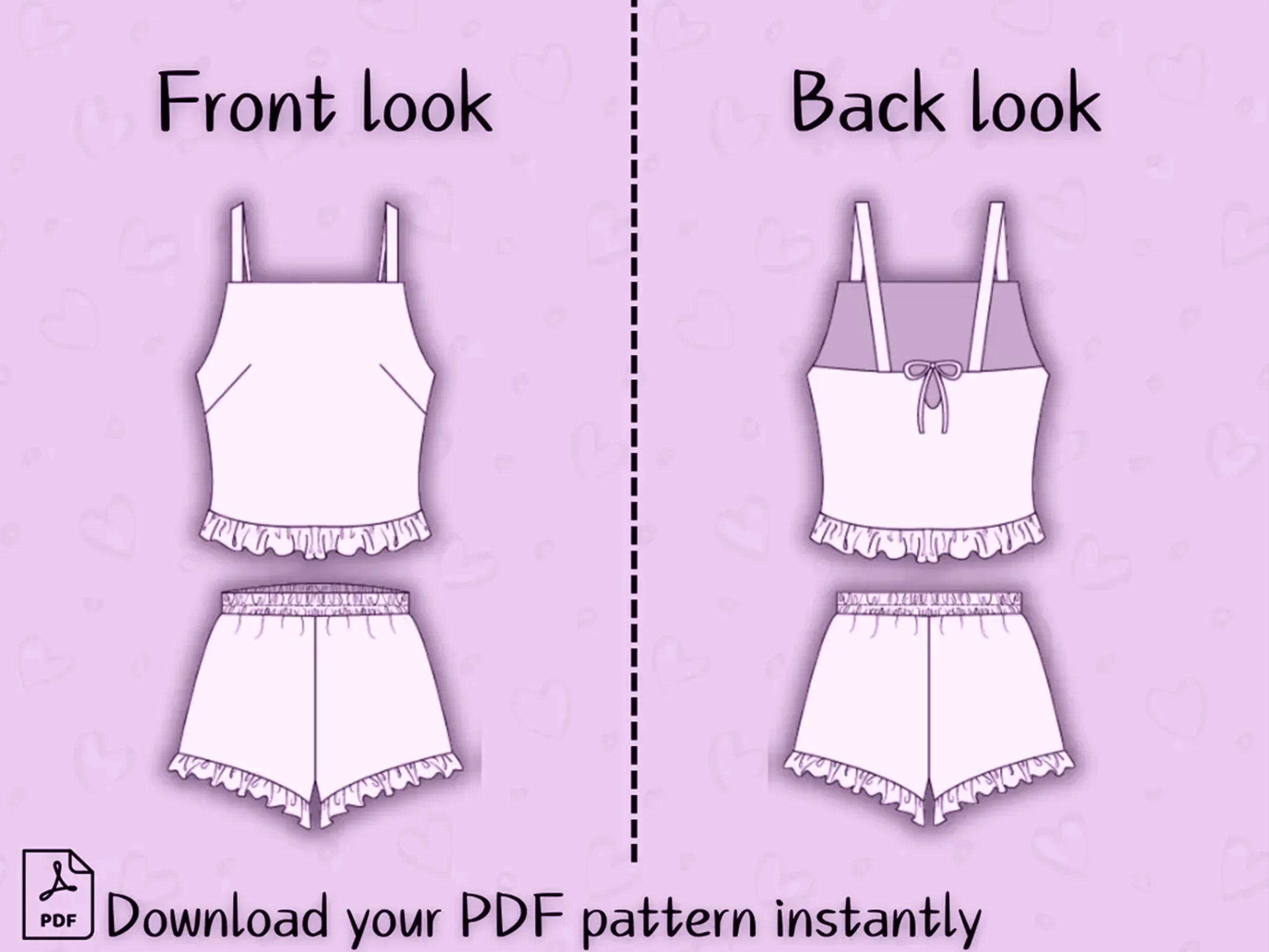 Top + Shorts Pyjama Set Sewing Pattern | Sleepwear Women's Elastic Wide Leg Shorts & Square Neck - Image 4