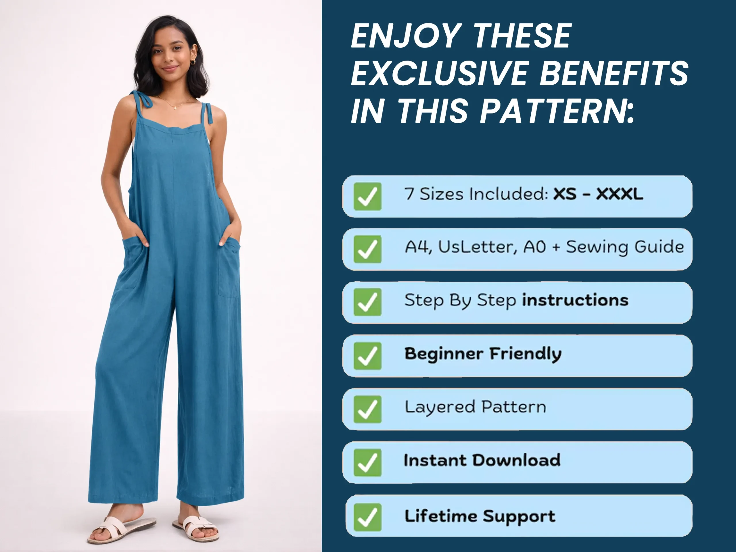 Tie Shoulder Jumpsuit Sewing Pattern, Comfy PDF Women Jumpsuit, Easy Wide Leg Overalls, Summer Loose Romper Pattern - Image 9