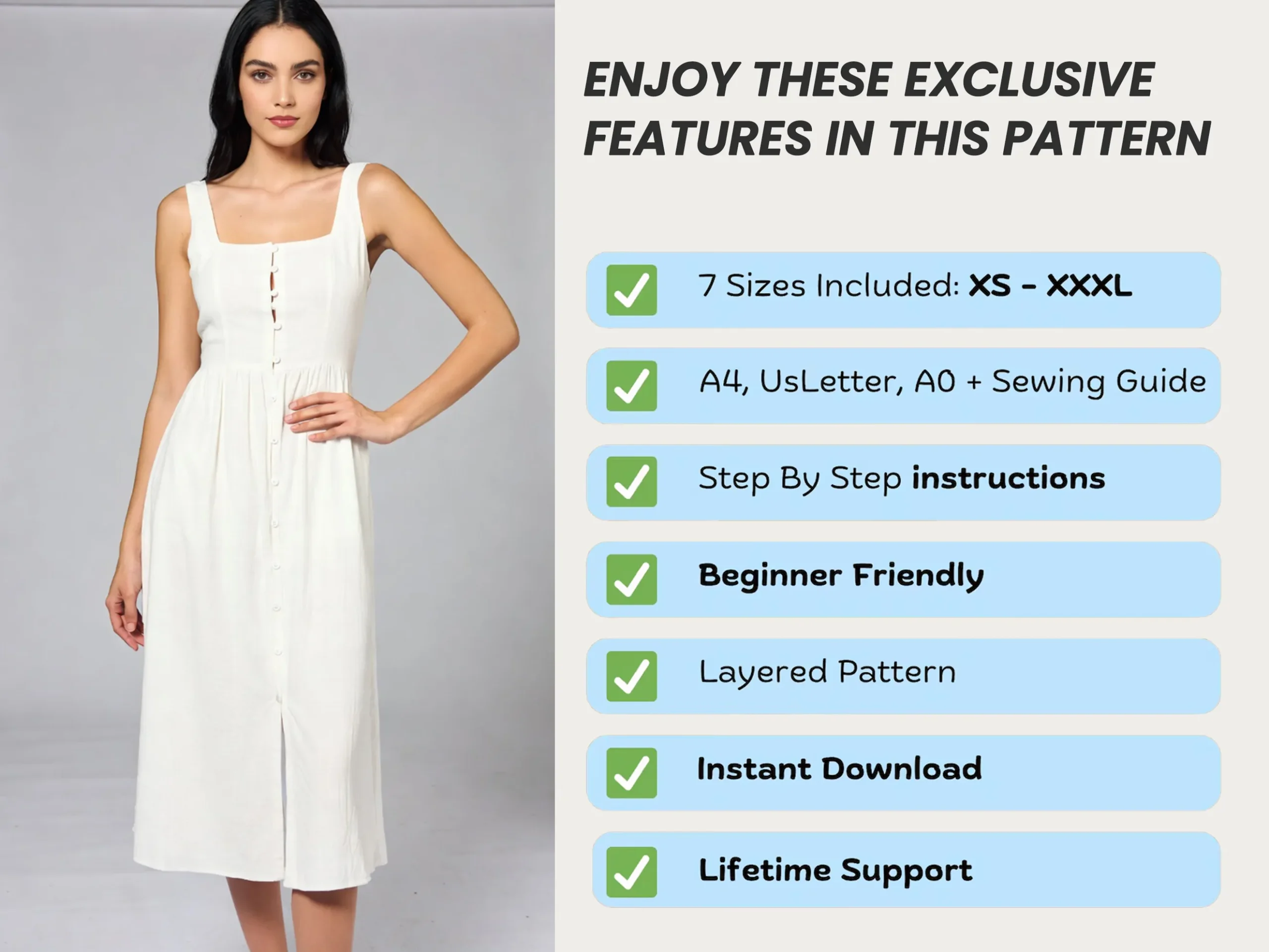 Button Down Linen Dress Sewing Pattern PDF, Square Neck Sleeveless A-Line Summer Dress XS-3XL - Image 5