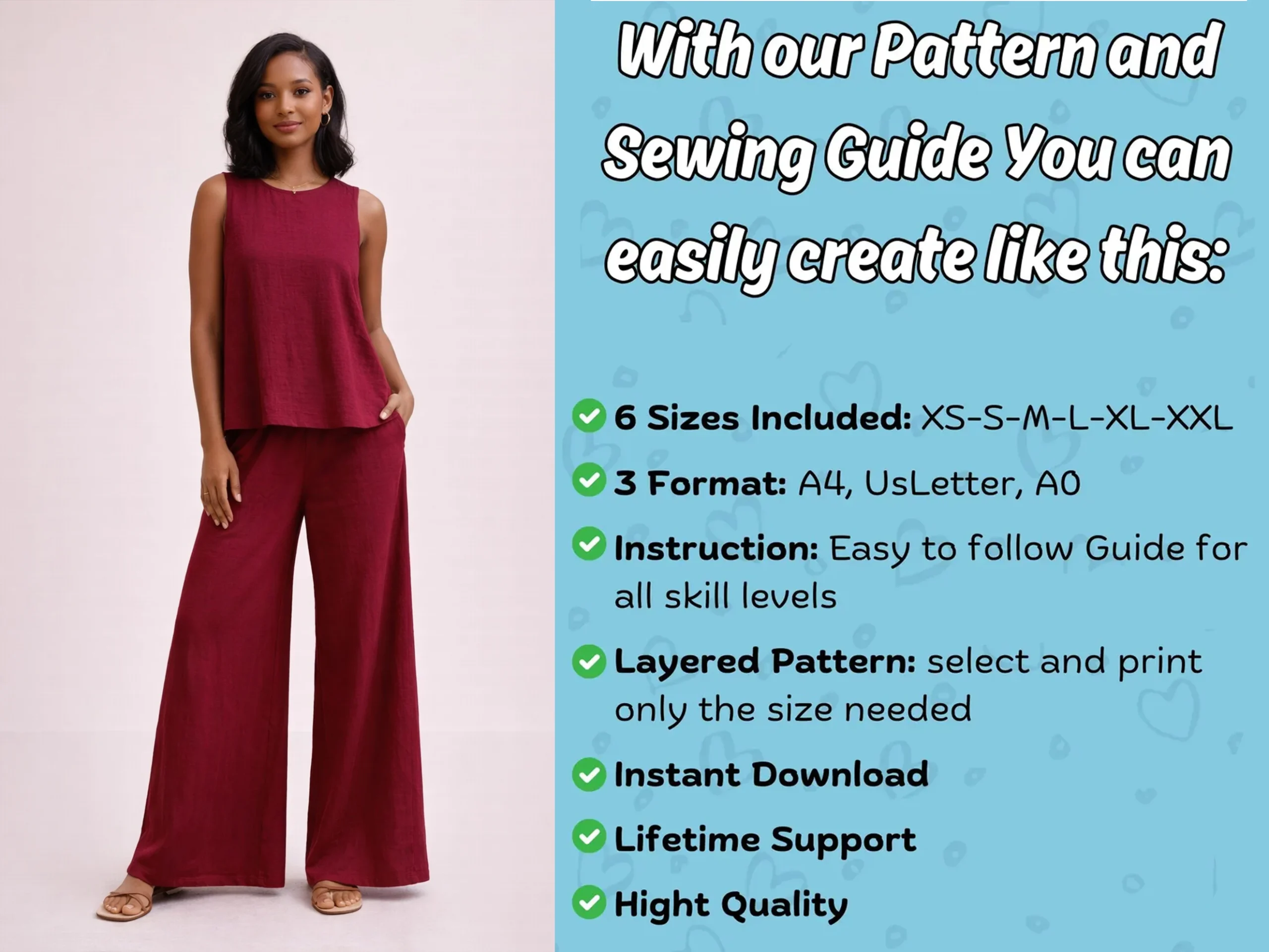Loungewear Set PDF Sewing Pattern, Tank top + Wide Leg Pants pattern, Lounge wear dress - Image 5